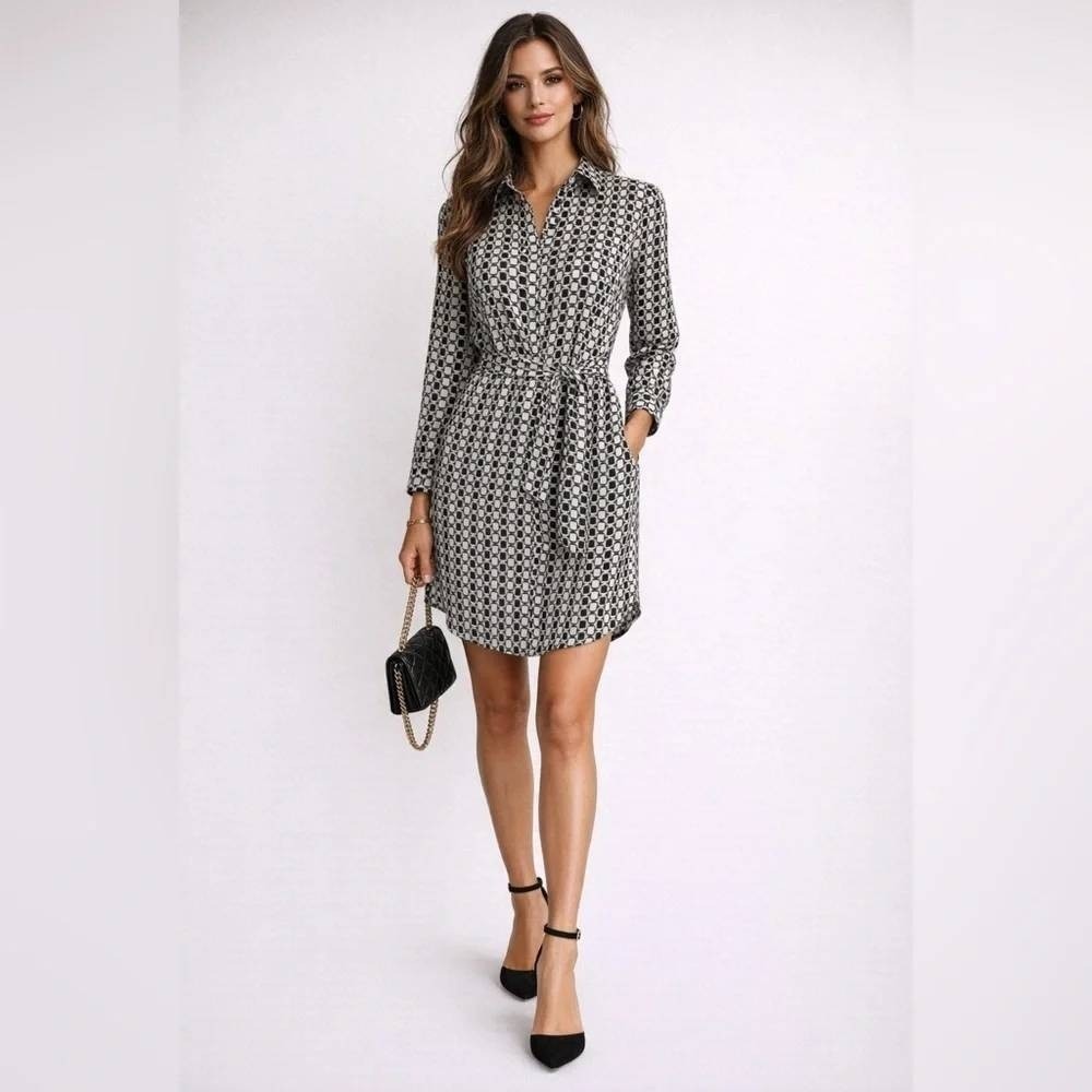J.McLaughlin Womens Black White Geometric Silk Belted‎ Shirt Dress Size M